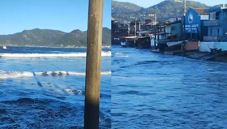 Força do mar assusta moradores na Praia do Pântano do Sul, em Florianópolis
