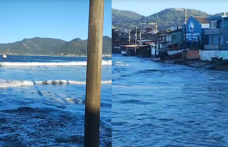 Força do mar assusta moradores na Praia do Pântano do Sul, em Florianópolis