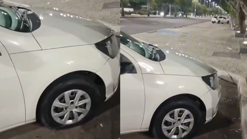 ‘Secaram meu pneu’: motorista denuncia flanelinhas por danos em carro na Ponta Negra; veja