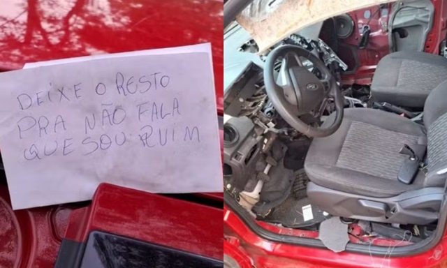 Bandido audacioso deixa recado após roubar carro e ‘depenar’ o veículo: “deixei o resto para não falar que sou ruim”