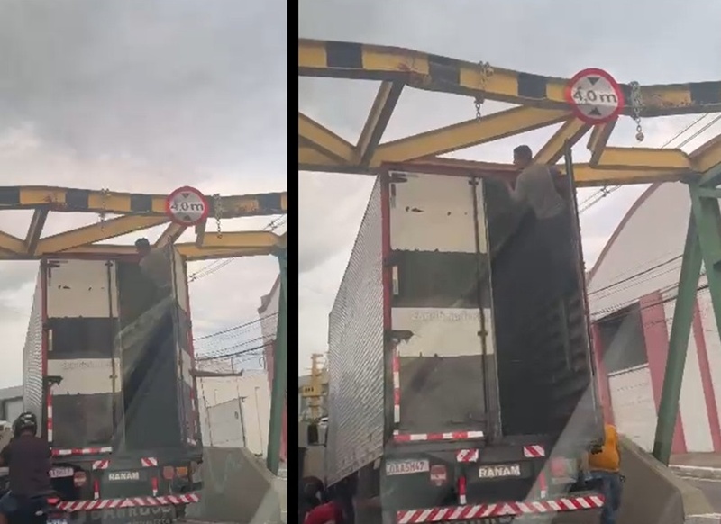 Vídeo: caminhão fica “entalado” no limitador de altura da João Valério