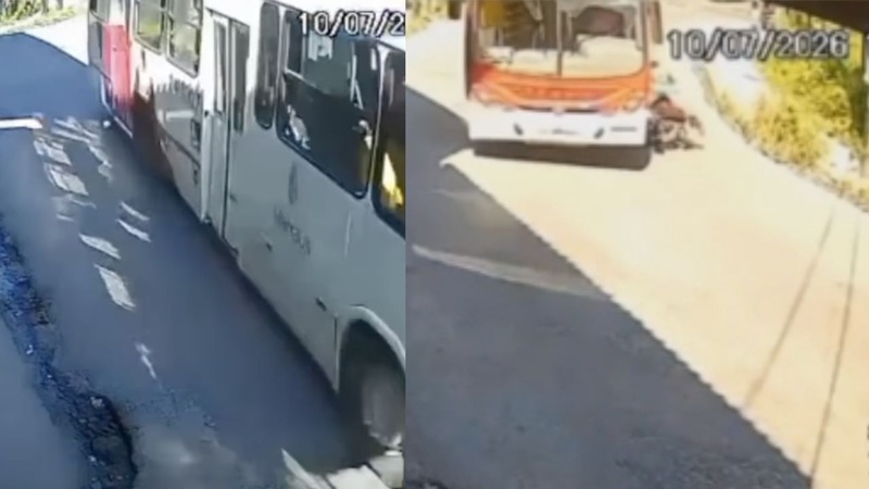 Câmera registra momento em que ônibus atinge motociclista em curva na Zona Leste de Manaus